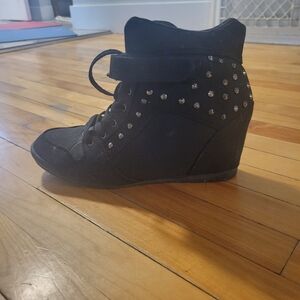 Black studded ankle wedge bootie, size 8.5, G by Guess